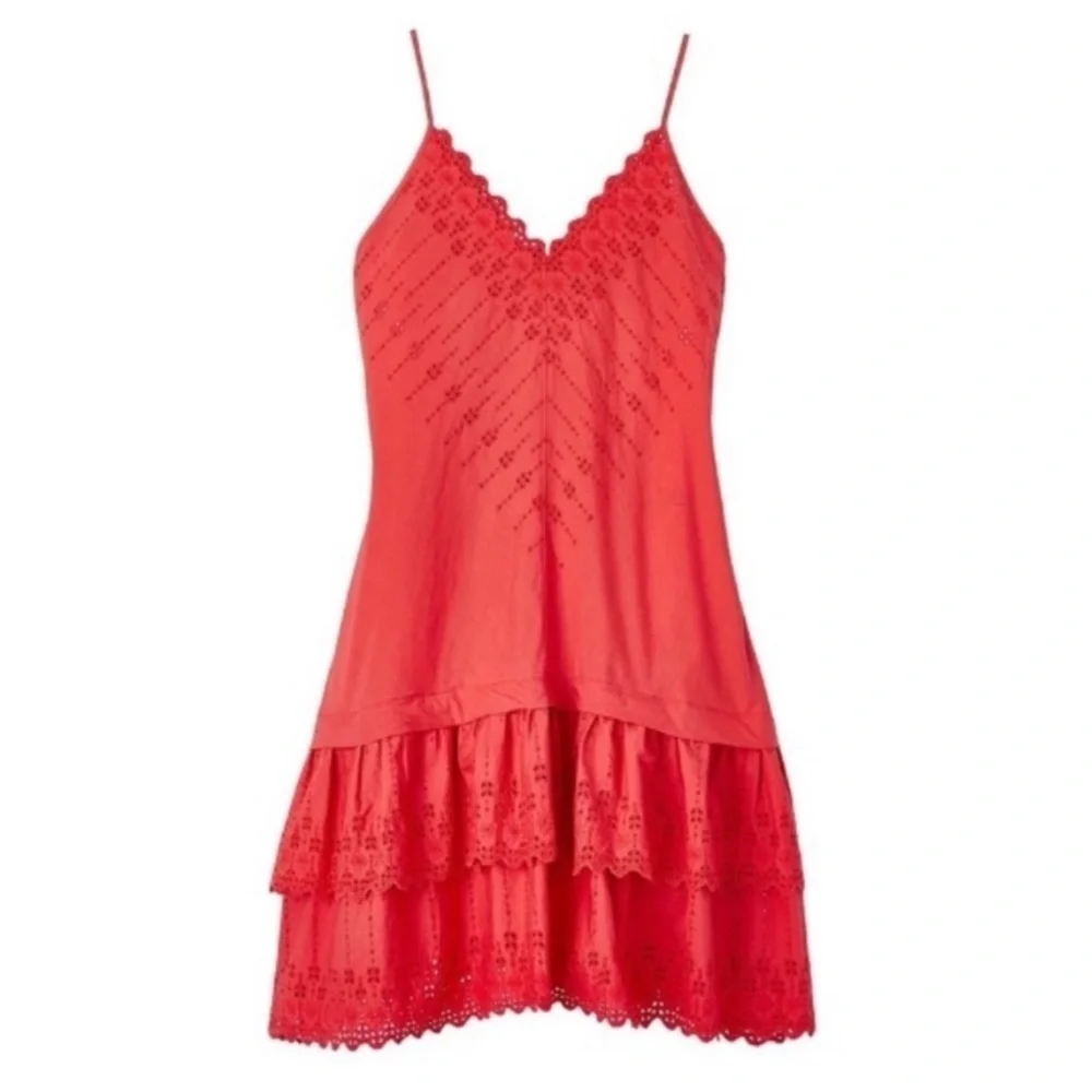 REBECCA TAYLOR LA VIE Alice Red Eyelet Sleeveless Tiered Couture Mini Dress XS